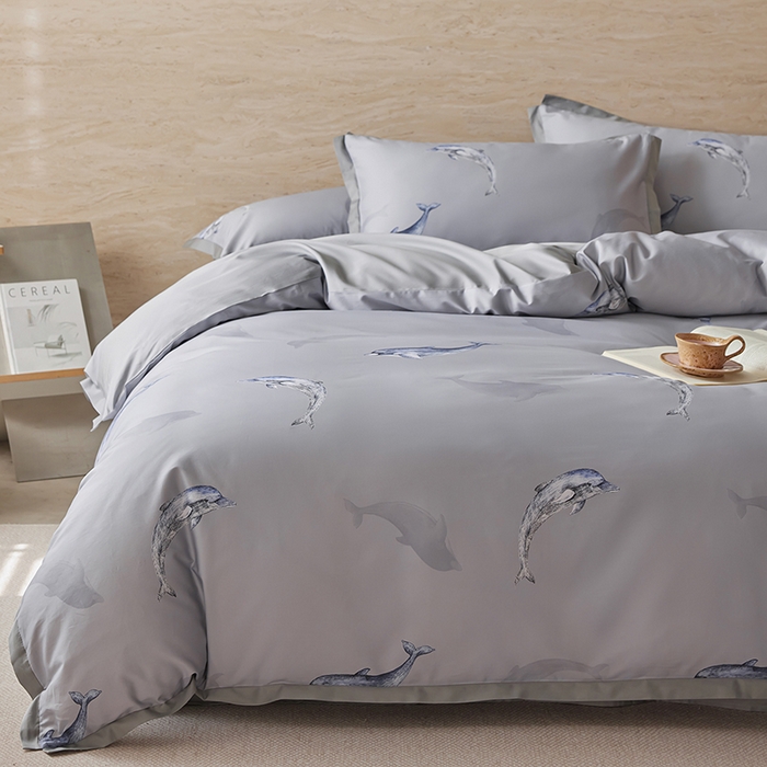 91家纺网 家纺一手货源 找家纺 千朵森 2026新款海洋风全棉纯棉50S数码印花拼角四件套 HY海豚浅湾