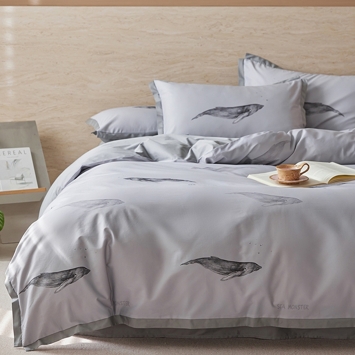 千朵森 2026新款海洋风全棉纯棉50S数码印花拼角四件套 HY灰海鲸屿