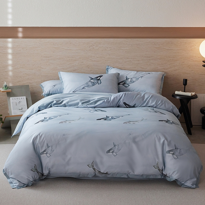 91家纺网 家纺一手货源 找家纺 千朵森 2026新款海洋风全棉纯棉50S数码印花拼角四件套 HY蓝鲸浅梦