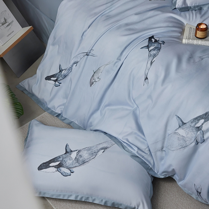 91家纺网 家纺一手货源 找家纺 千朵森 2026新款海洋风全棉纯棉50S数码印花拼角四件套 HY蓝鲸浅梦