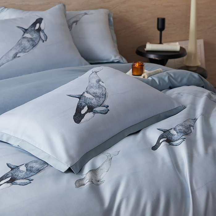 91家纺网 家纺一手货源 找家纺 千朵森 2026新款海洋风全棉纯棉50S数码印花拼角四件套 HY蓝鲸浅梦