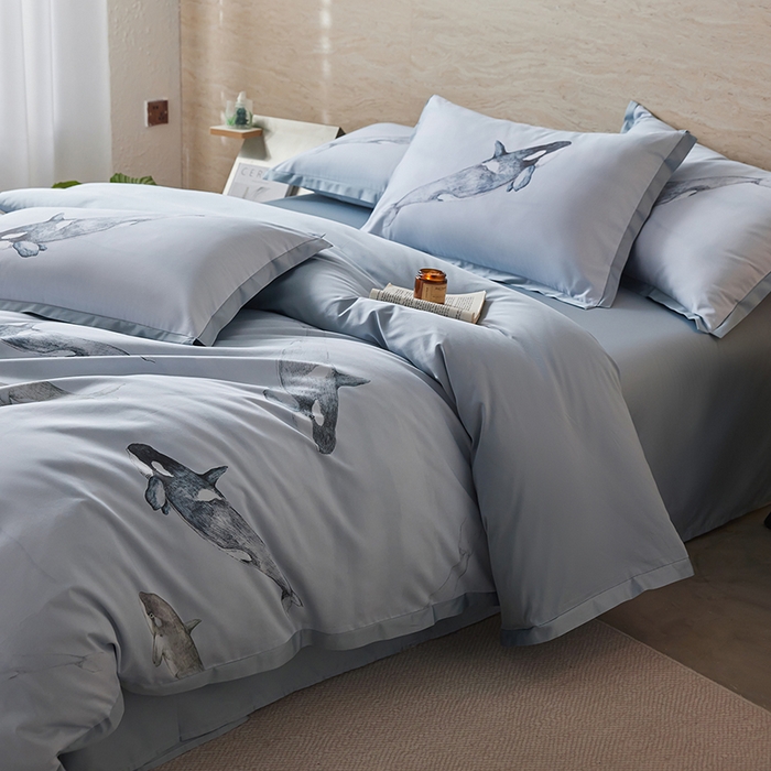 91家纺网 家纺一手货源 找家纺 千朵森 2026新款海洋风全棉纯棉50S数码印花拼角四件套 HY蓝鲸浅梦