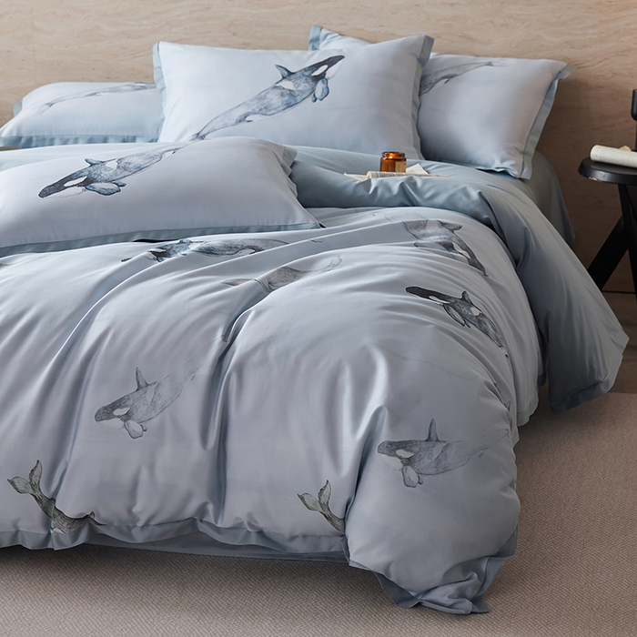 91家纺网 家纺一手货源 找家纺 千朵森 2026新款海洋风全棉纯棉50S数码印花拼角四件套 HY蓝鲸浅梦