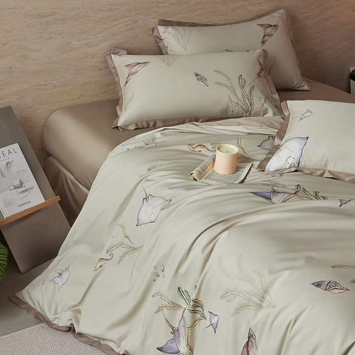 91家纺网 家纺一手货源 找家纺 千朵森 2026新款海洋风全棉纯棉50S数码印花拼角四件套 HY浅海秘屿