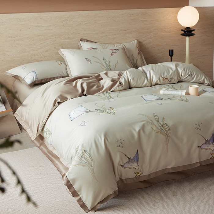 91家纺网 家纺一手货源 找家纺 千朵森 2026新款海洋风全棉纯棉50S数码印花拼角四件套 HY浅海秘屿