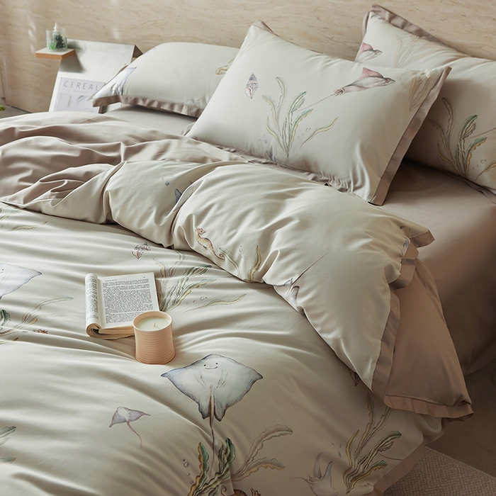 91家纺网 家纺一手货源 找家纺 千朵森 2026新款海洋风全棉纯棉50S数码印花拼角四件套 HY浅海秘屿