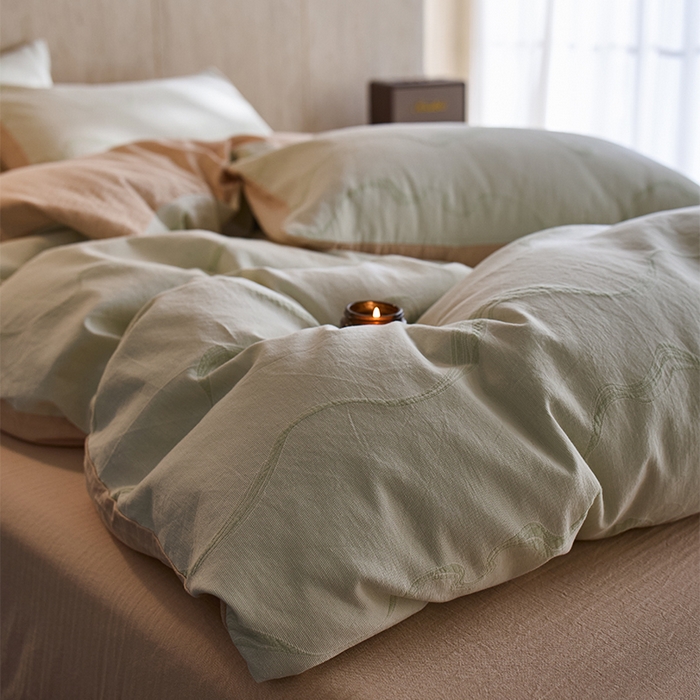 91家纺网 家纺一手货源 找家纺 千朵森 2026新款全棉纯棉色织提花水洗棉四件套-漫织 漫织-治愈绿