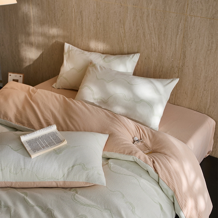 91家纺网 家纺一手货源 找家纺 千朵森 2026新款全棉纯棉色织提花水洗棉四件套-漫织 漫织-治愈绿