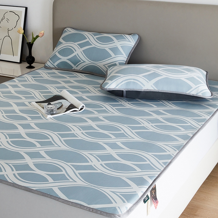 91家纺网 家纺一手货源 找家纺 千朵森 2026新款冰岛冰感丝床笠款凉席三件套-风格一 冰岛-晴空蓝