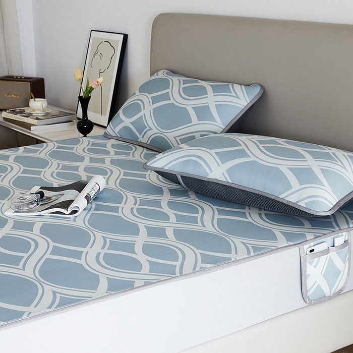 91家纺网 家纺一手货源 找家纺 千朵森 2026新款冰岛冰感丝床笠款凉席三件套-风格一 冰岛-晴空蓝