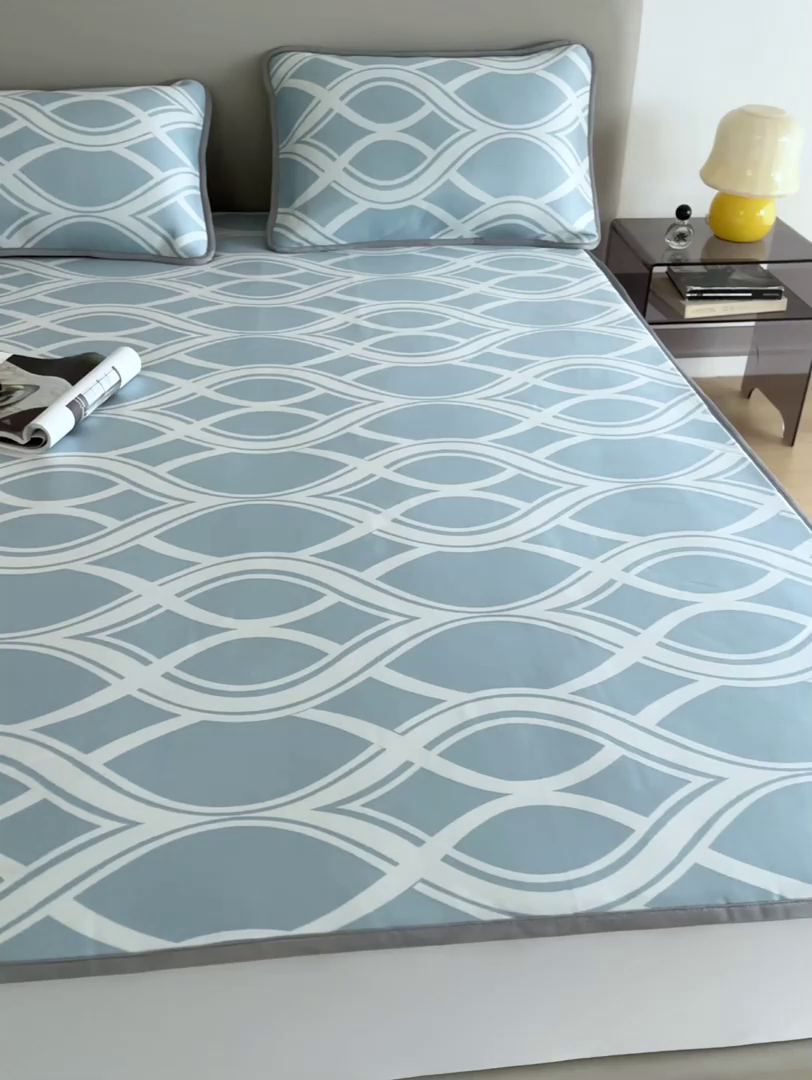 91家纺网 家纺一手货源 找家纺 千朵森 2026新款冰岛冰感丝床笠款凉席三件套-风格一 冰岛-晴空蓝