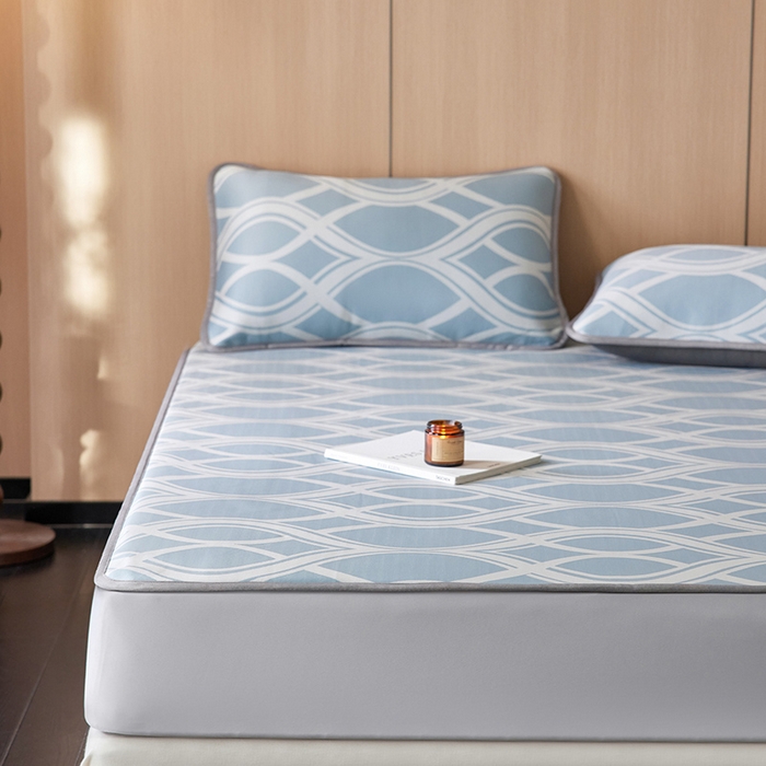 91家纺网 家纺一手货源 找家纺 千朵森 2026新款A类抗菌冰岛冰感丝床笠款凉席三件套 风格二 冰岛-晴空蓝