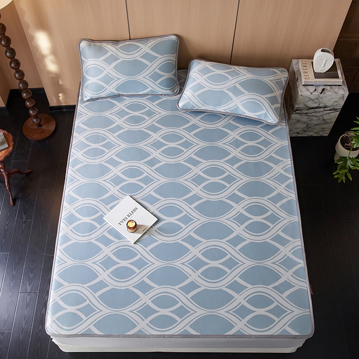 91家纺网 家纺一手货源 找家纺 千朵森 2026新款A类抗菌冰岛冰感丝床笠款凉席三件套 风格二 冰岛-晴空蓝
