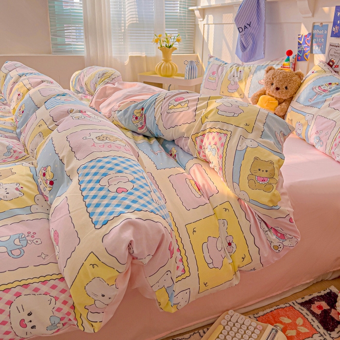 91家纺网 家纺一手货源 找家纺 （总）欧妮家纺 2025新款AB版印花水洗棉四件套系列卡通床单被套学生宿舍床上三件套-提供买家秀