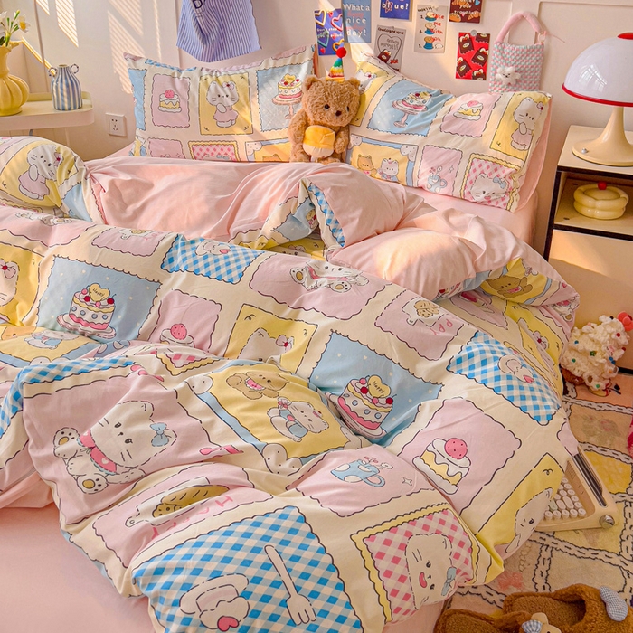 91家纺网 家纺一手货源 找家纺 （总）欧妮家纺 2025新款AB版印花水洗棉四件套系列卡通床单被套学生宿舍床上三件套-提供买家秀