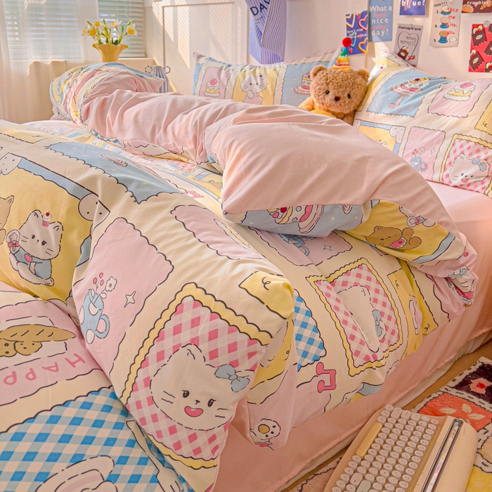 91家纺网 家纺一手货源 找家纺 （总）欧妮家纺 2025新款AB版印花水洗棉四件套系列卡通床单被套学生宿舍床上三件套-提供买家秀