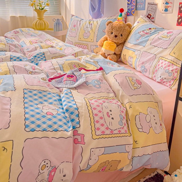 91家纺网 家纺一手货源 找家纺 （总）欧妮家纺 2025新款AB版印花水洗棉四件套系列卡通床单被套学生宿舍床上三件套-提供买家秀