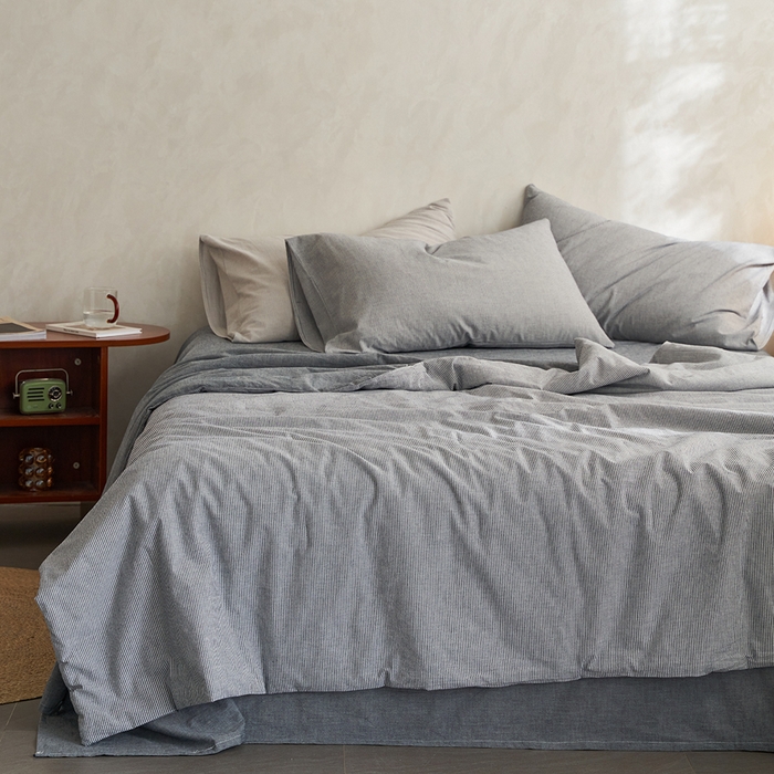 91家纺网 家纺一手货源 找家纺 千朵森 2026新款A类全棉色织水洗棉夏被夏被四件套 牛仔蓝细条纹