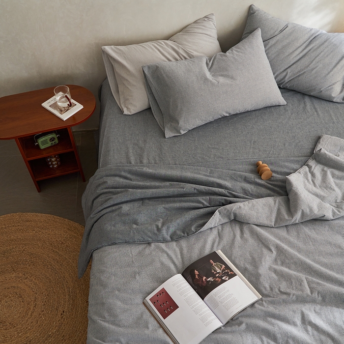 91家纺网 家纺一手货源 找家纺 千朵森 2026新款A类全棉色织水洗棉夏被夏被四件套 牛仔蓝细条纹