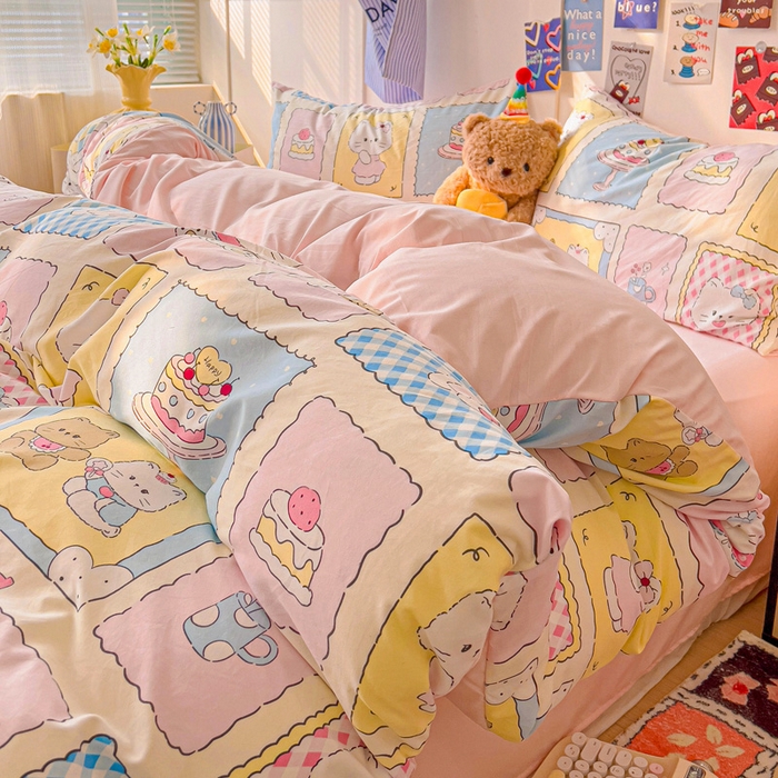 91家纺网 家纺一手货源 找家纺 欧妮家纺 2025新款AB版印花水洗棉四件套系列卡通床单被套学生宿舍床上三件套-提供买家秀 芝士呆猫