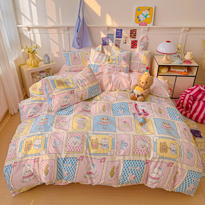 91家纺网 家纺一手货源 找家纺 欧妮家纺 2025新款AB版印花水洗棉四件套系列卡通床单被套学生宿舍床上三件套-提供买家秀 芝士呆猫