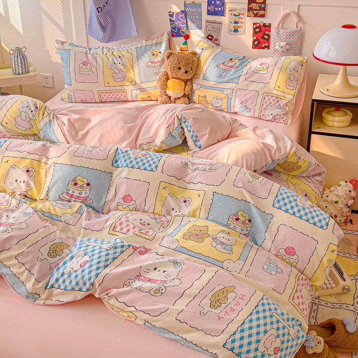 91家纺网 家纺一手货源 找家纺 欧妮家纺 2025新款AB版印花水洗棉四件套系列卡通床单被套学生宿舍床上三件套-提供买家秀 芝士呆猫