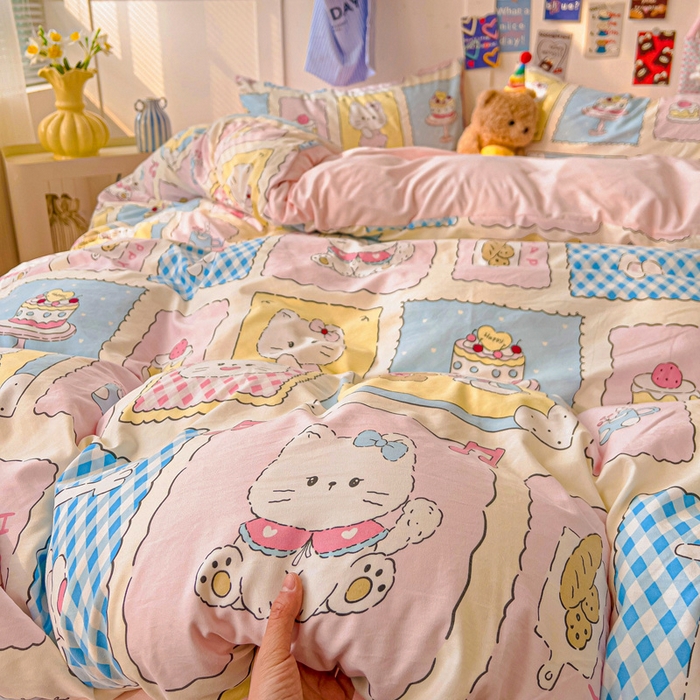 91家纺网 家纺一手货源 找家纺 欧妮家纺 2025新款AB版印花水洗棉四件套系列卡通床单被套学生宿舍床上三件套-提供买家秀 芝士呆猫