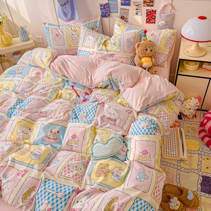 91家纺网 家纺一手货源 找家纺 欧妮家纺 2025新款AB版印花水洗棉四件套系列卡通床单被套学生宿舍床上三件套-提供买家秀 芝士呆猫