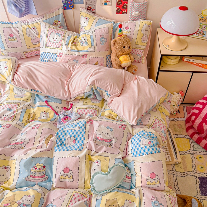 91家纺网 家纺一手货源 找家纺 欧妮家纺 2025新款AB版印花水洗棉四件套系列卡通床单被套学生宿舍床上三件套-提供买家秀 芝士呆猫