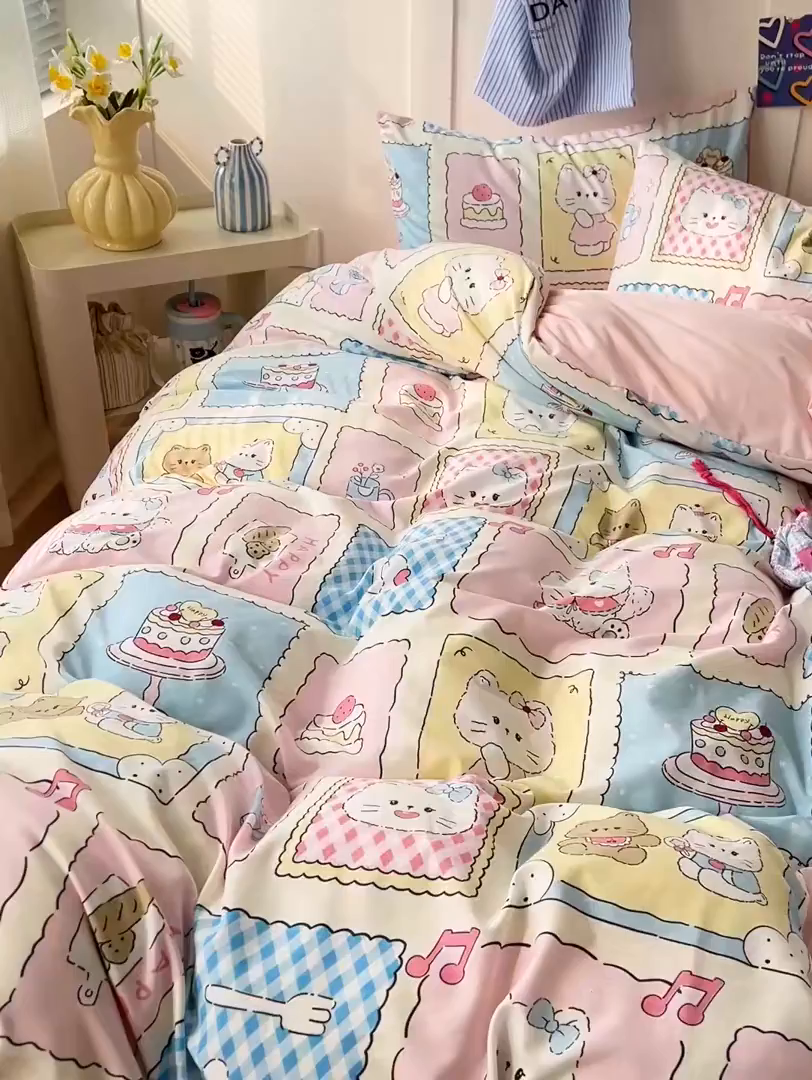 91家纺网 家纺一手货源 找家纺 欧妮家纺 2025新款AB版印花水洗棉四件套系列卡通床单被套学生宿舍床上三件套-提供买家秀 芝士呆猫