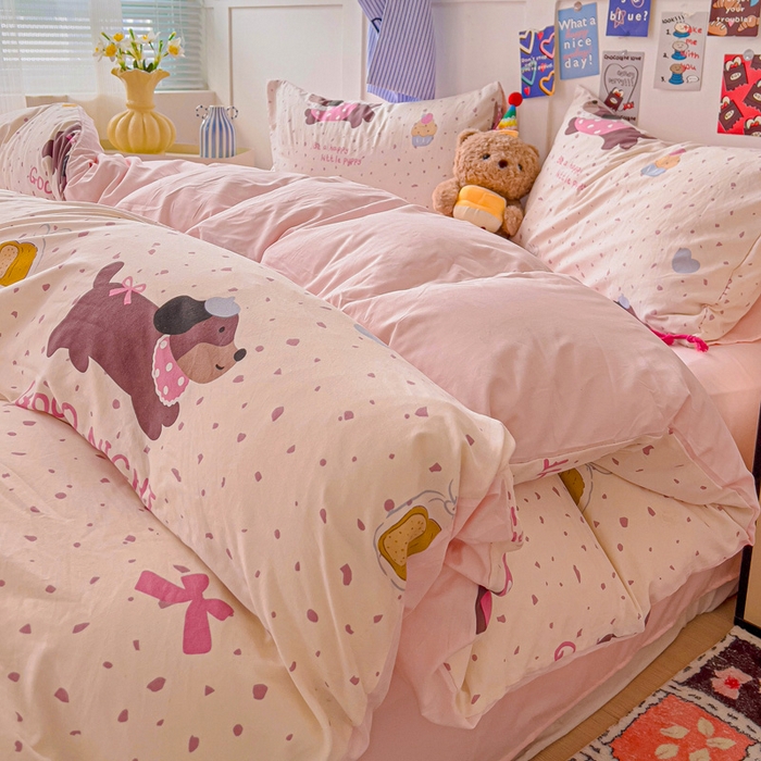 欧妮家纺 2025新款AB版印花水洗棉四件套系列卡通床单被套学生宿舍床上三件套-提供买家秀 彩彩狗