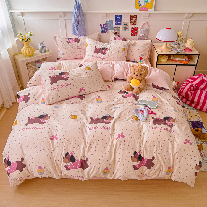 91家纺网 家纺一手货源 找家纺 欧妮家纺 2025新款AB版印花水洗棉四件套系列卡通床单被套学生宿舍床上三件套-提供买家秀 彩彩狗