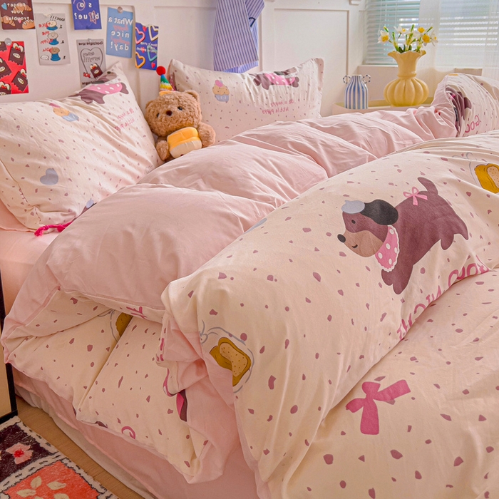 91家纺网 家纺一手货源 找家纺 欧妮家纺 2025新款AB版印花水洗棉四件套系列卡通床单被套学生宿舍床上三件套-提供买家秀 彩彩狗