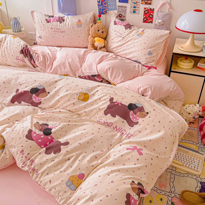 91家纺网 家纺一手货源 找家纺 欧妮家纺 2025新款AB版印花水洗棉四件套系列卡通床单被套学生宿舍床上三件套-提供买家秀 彩彩狗