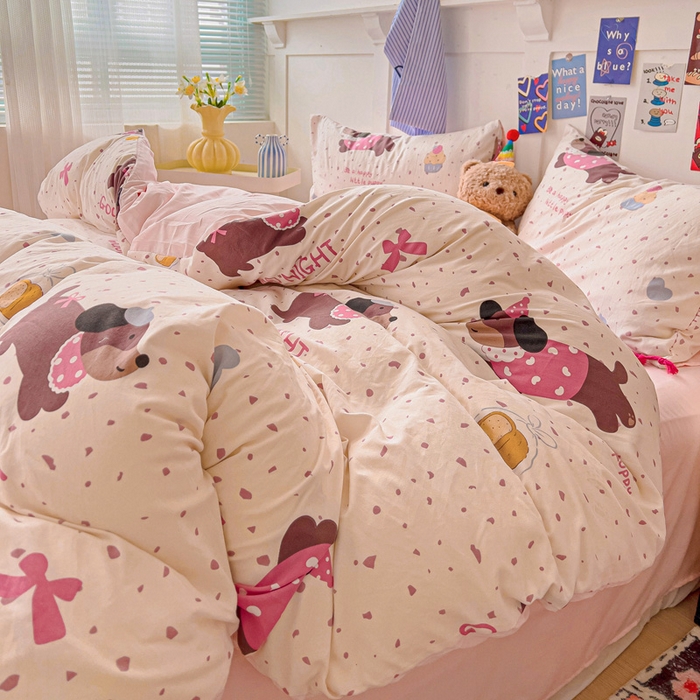 91家纺网 家纺一手货源 找家纺 欧妮家纺 2025新款AB版印花水洗棉四件套系列卡通床单被套学生宿舍床上三件套-提供买家秀 彩彩狗