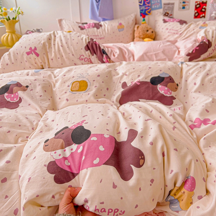 91家纺网 家纺一手货源 找家纺 欧妮家纺 2025新款AB版印花水洗棉四件套系列卡通床单被套学生宿舍床上三件套-提供买家秀 彩彩狗