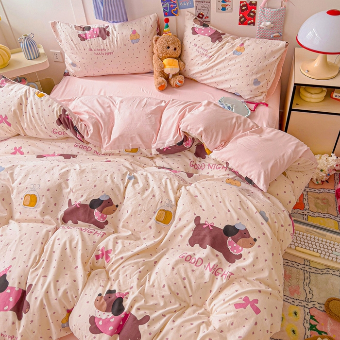 91家纺网 家纺一手货源 找家纺 欧妮家纺 2025新款AB版印花水洗棉四件套系列卡通床单被套学生宿舍床上三件套-提供买家秀 彩彩狗