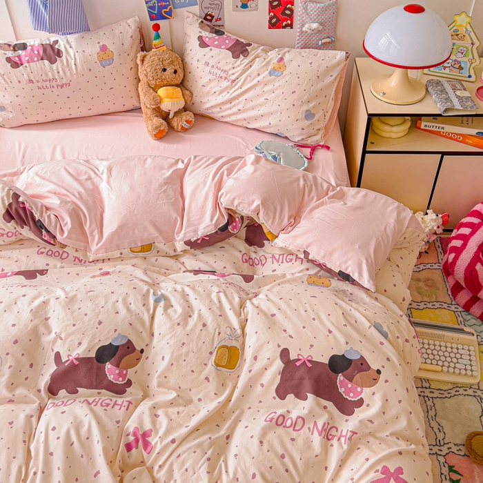 91家纺网 家纺一手货源 找家纺 欧妮家纺 2025新款AB版印花水洗棉四件套系列卡通床单被套学生宿舍床上三件套-提供买家秀 彩彩狗