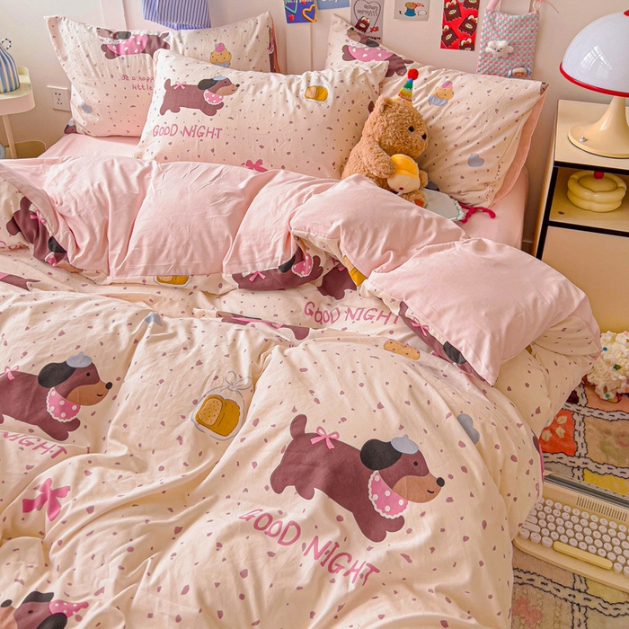 91家纺网 家纺一手货源 找家纺 欧妮家纺 2025新款AB版印花水洗棉四件套系列卡通床单被套学生宿舍床上三件套-提供买家秀 彩彩狗
