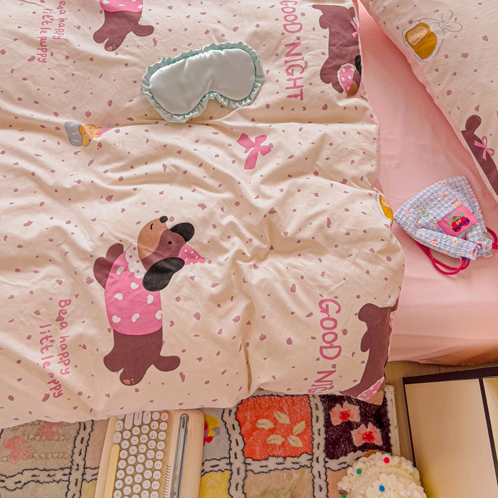 91家纺网 家纺一手货源 找家纺 欧妮家纺 2025新款AB版印花水洗棉四件套系列卡通床单被套学生宿舍床上三件套-提供买家秀 彩彩狗