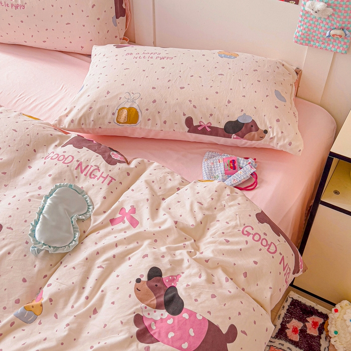 91家纺网 家纺一手货源 找家纺 欧妮家纺 2025新款AB版印花水洗棉四件套系列卡通床单被套学生宿舍床上三件套-提供买家秀 彩彩狗