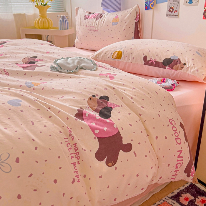 91家纺网 家纺一手货源 找家纺 欧妮家纺 2025新款AB版印花水洗棉四件套系列卡通床单被套学生宿舍床上三件套-提供买家秀 彩彩狗