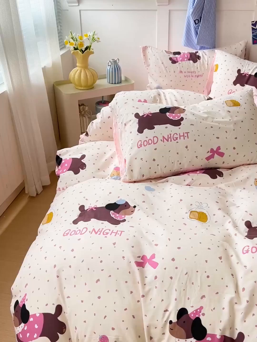 91家纺网 家纺一手货源 找家纺 欧妮家纺 2025新款AB版印花水洗棉四件套系列卡通床单被套学生宿舍床上三件套-提供买家秀 彩彩狗