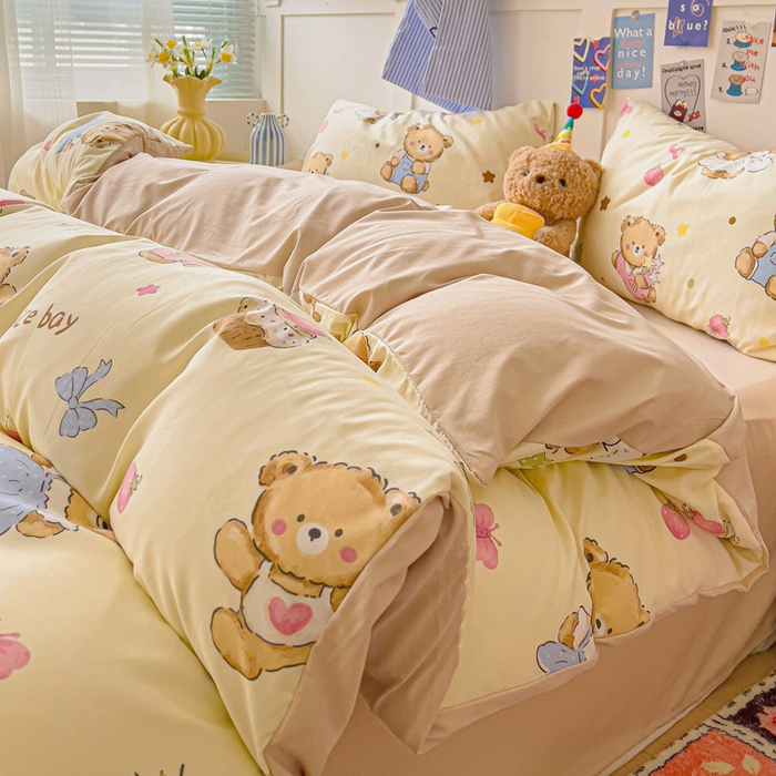 欧妮家纺 2025新款AB版印花水洗棉四件套系列卡通床单被套学生宿舍床上三件套-提供买家秀 草莓奶熊