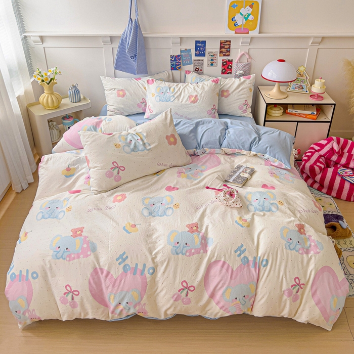 91家纺网 家纺一手货源 找家纺 欧妮家纺 2025新款AB版印花水洗棉四件套系列卡通床单被套学生宿舍床上三件套-提供买家秀 奶呼呼大象