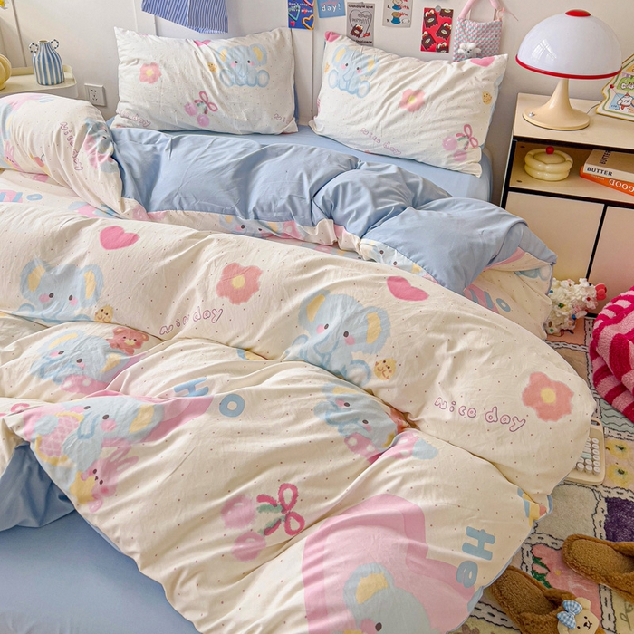 91家纺网 家纺一手货源 找家纺 欧妮家纺 2025新款AB版印花水洗棉四件套系列卡通床单被套学生宿舍床上三件套-提供买家秀 奶呼呼大象