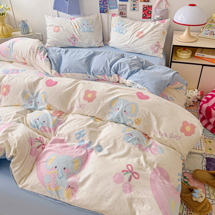 91家纺网 家纺一手货源 找家纺 欧妮家纺 2025新款AB版印花水洗棉四件套系列卡通床单被套学生宿舍床上三件套-提供买家秀 奶呼呼大象