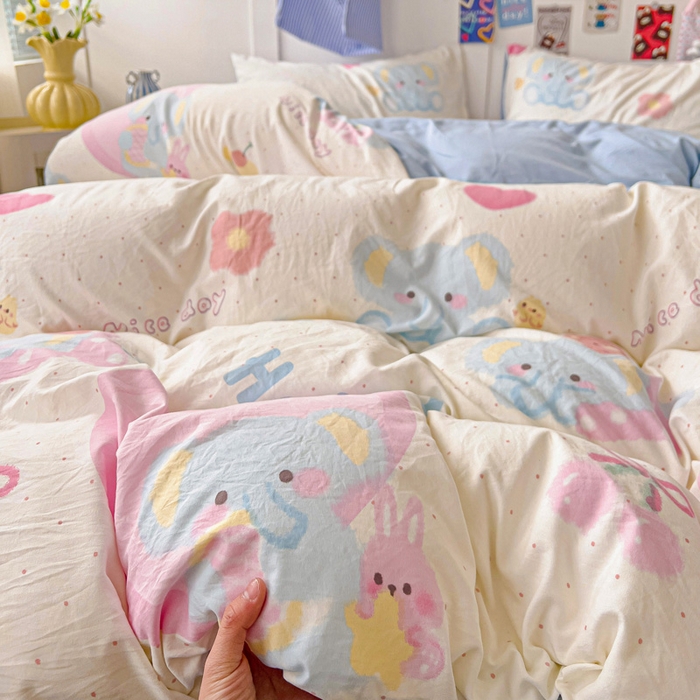 91家纺网 家纺一手货源 找家纺 欧妮家纺 2025新款AB版印花水洗棉四件套系列卡通床单被套学生宿舍床上三件套-提供买家秀 奶呼呼大象