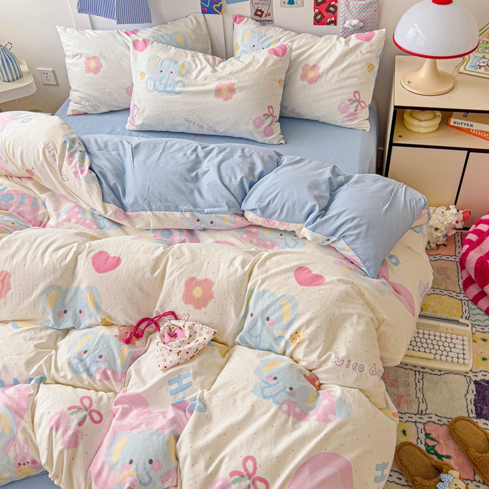 91家纺网 家纺一手货源 找家纺 欧妮家纺 2025新款AB版印花水洗棉四件套系列卡通床单被套学生宿舍床上三件套-提供买家秀 奶呼呼大象