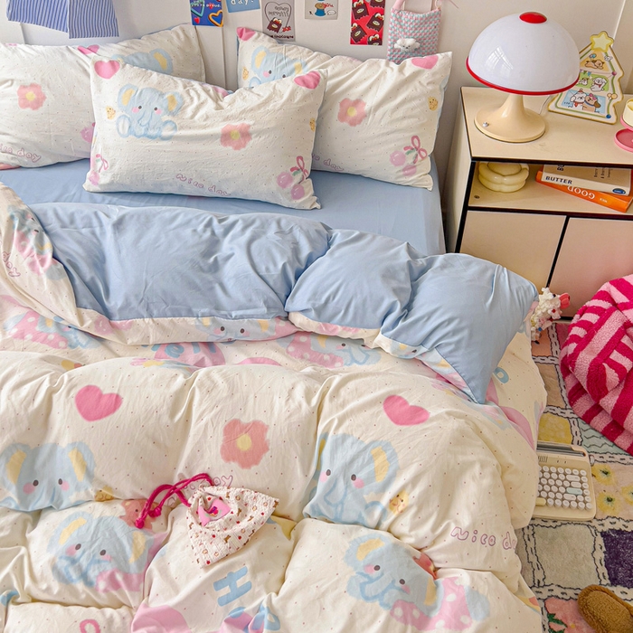 91家纺网 家纺一手货源 找家纺 欧妮家纺 2025新款AB版印花水洗棉四件套系列卡通床单被套学生宿舍床上三件套-提供买家秀 奶呼呼大象